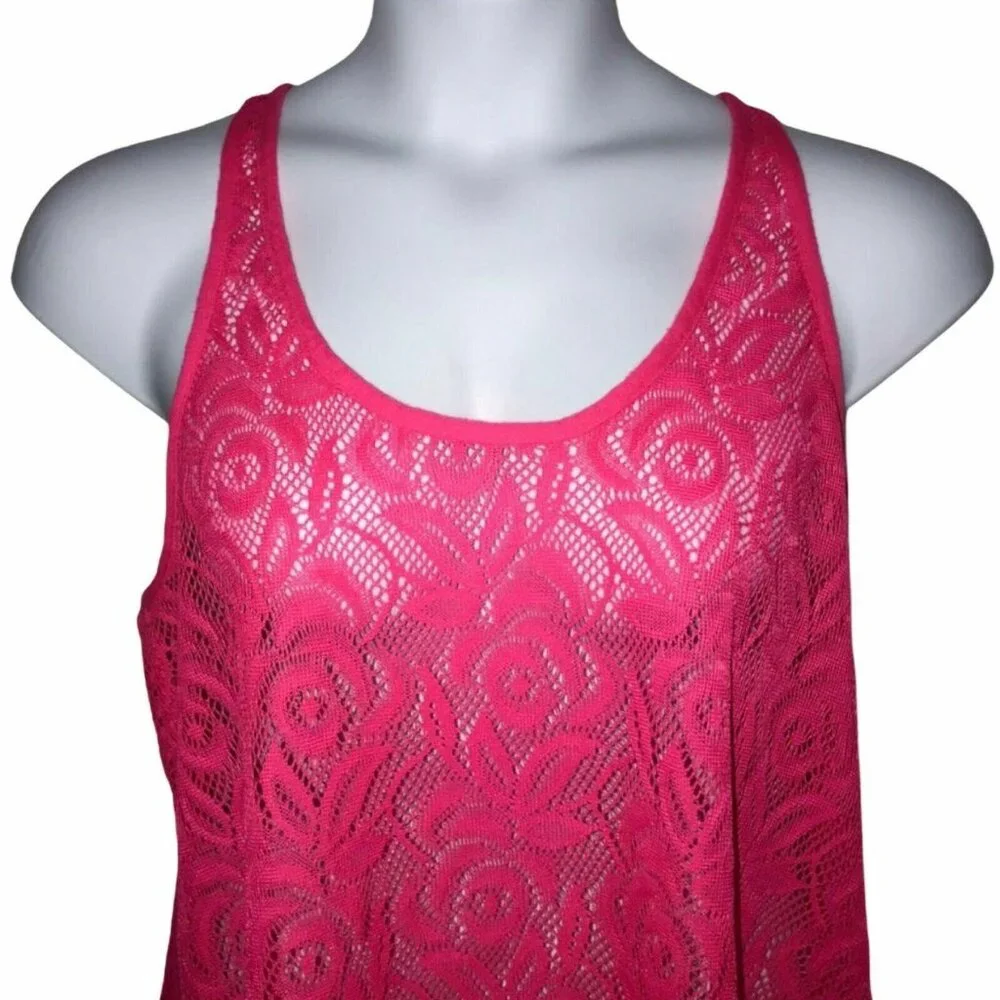 OP Ocean Pacific Swimsuit CoverUp Juniors L 11 13 Hot Pink Floral Beach Tank - Picture 2 of 9